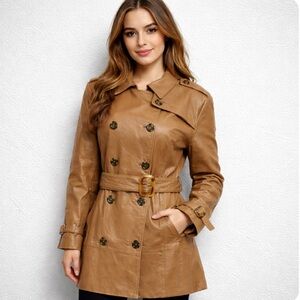 Vintage Jerry Lewis Women's Leather Coat Medium Brown Belted Double Breasted